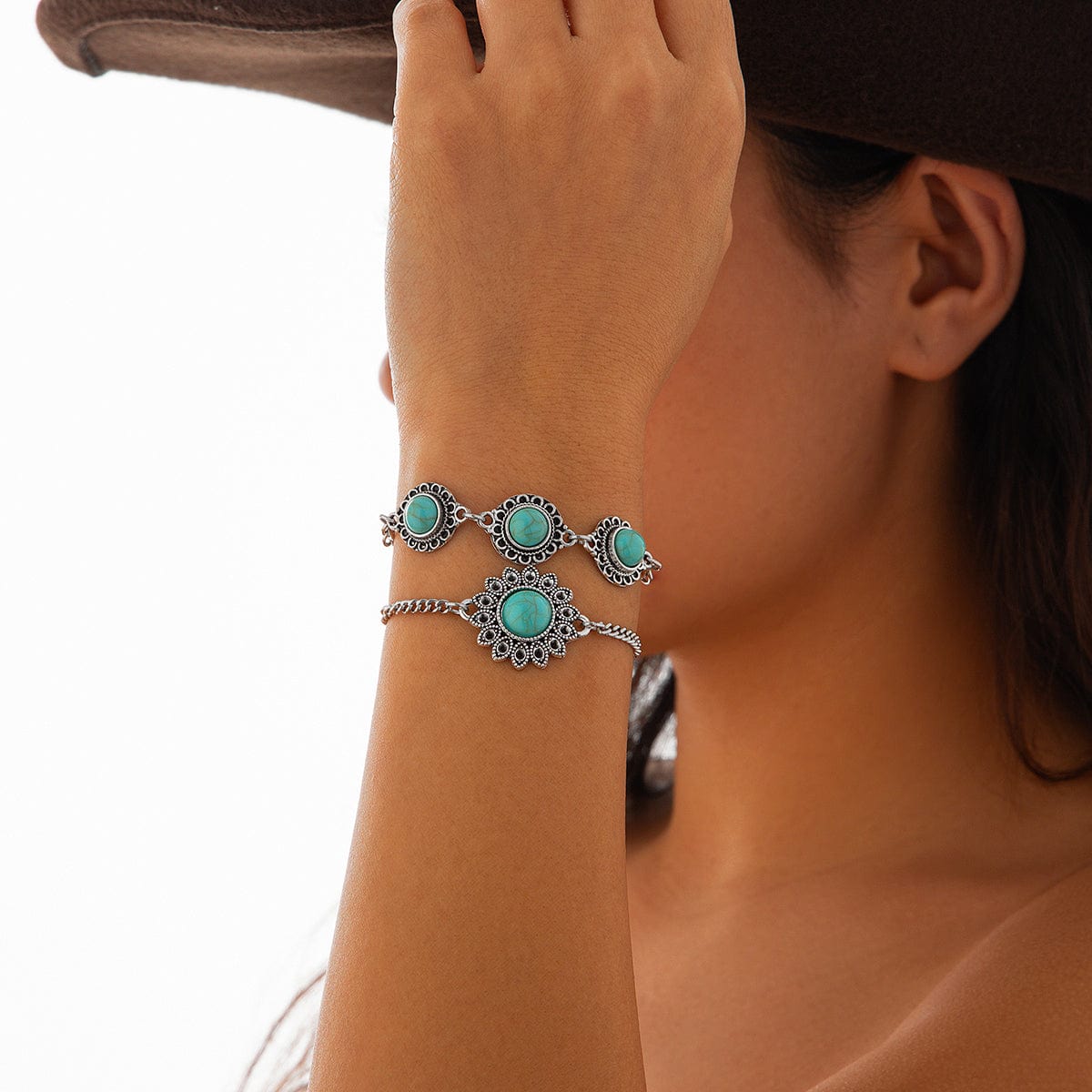 Boho Layered Turquoise Inlaid Flower Charm Bracelet Set