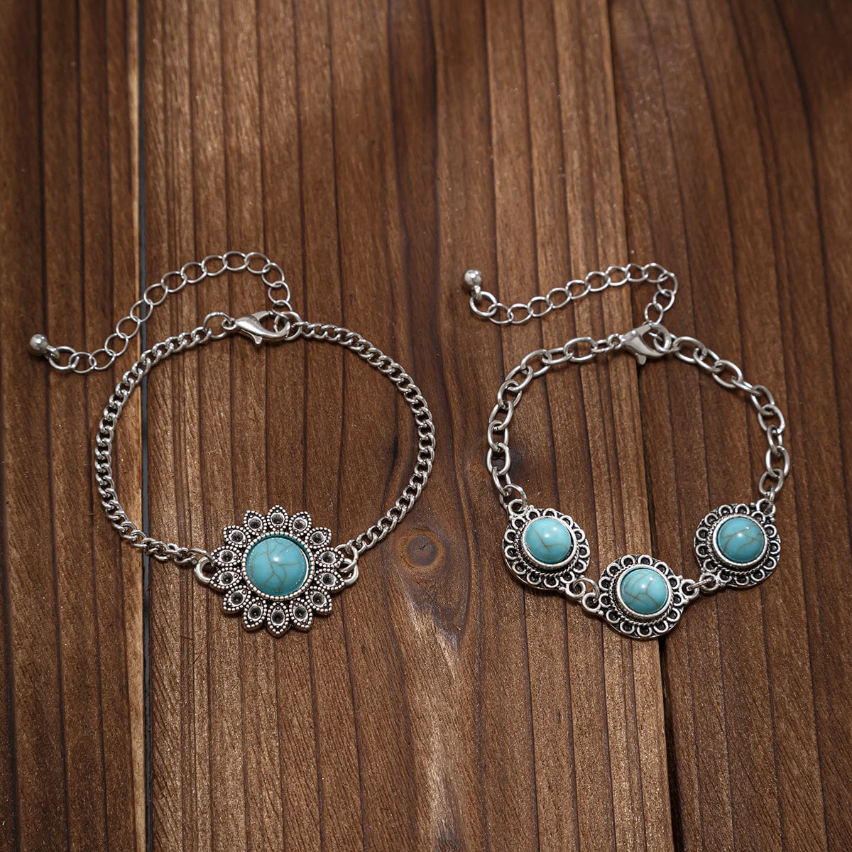 Boho Layered Turquoise Inlaid Flower Charm Bracelet Set