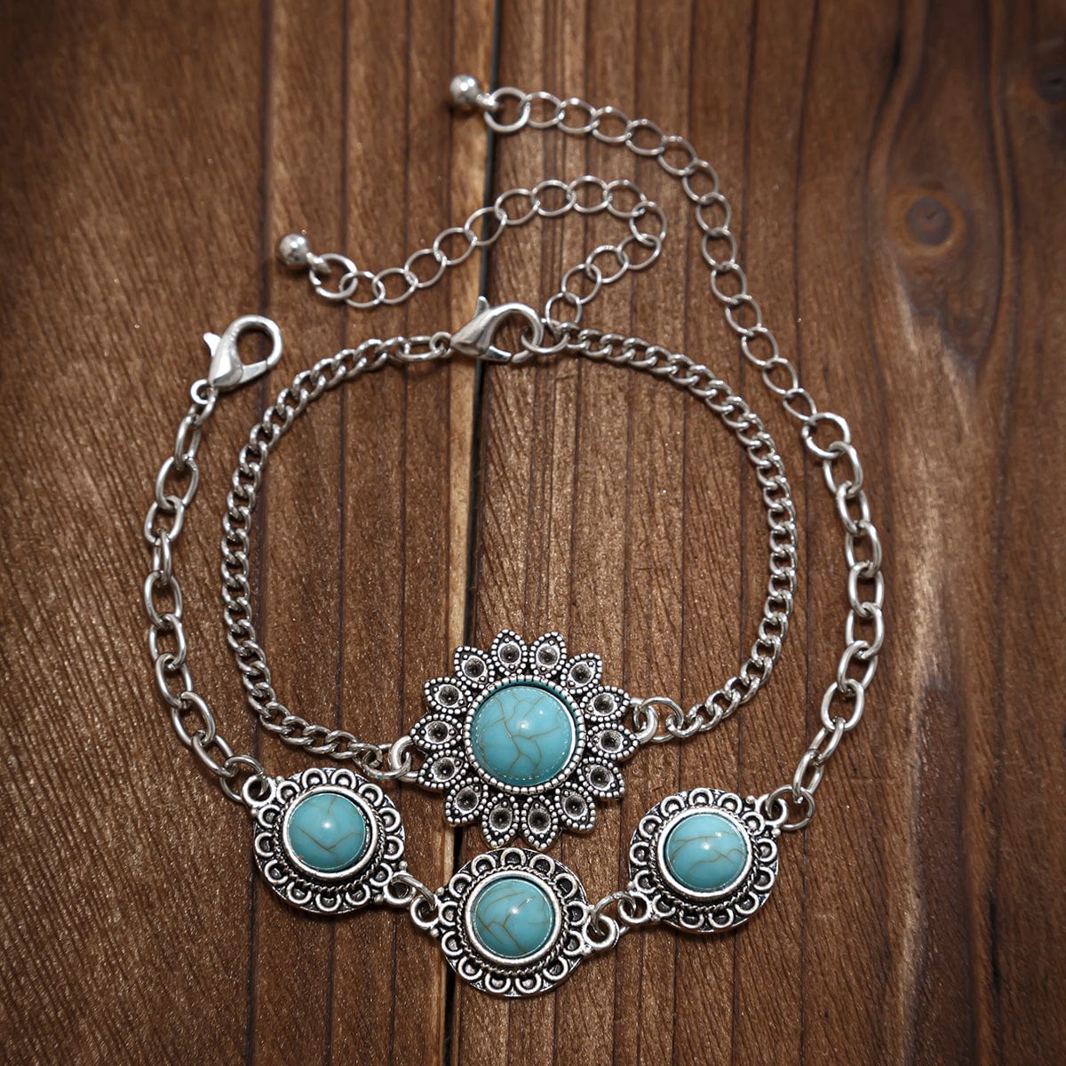 Boho Layered Turquoise Inlaid Flower Charm Bracelet Set