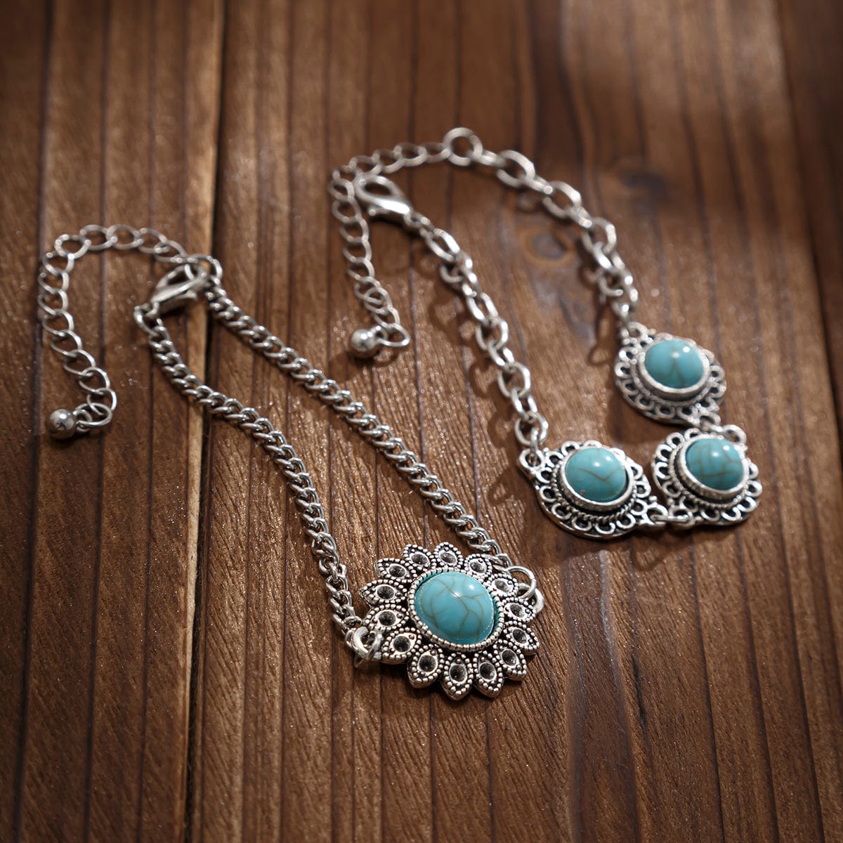 Boho Layered Turquoise Inlaid Flower Charm Bracelet Set