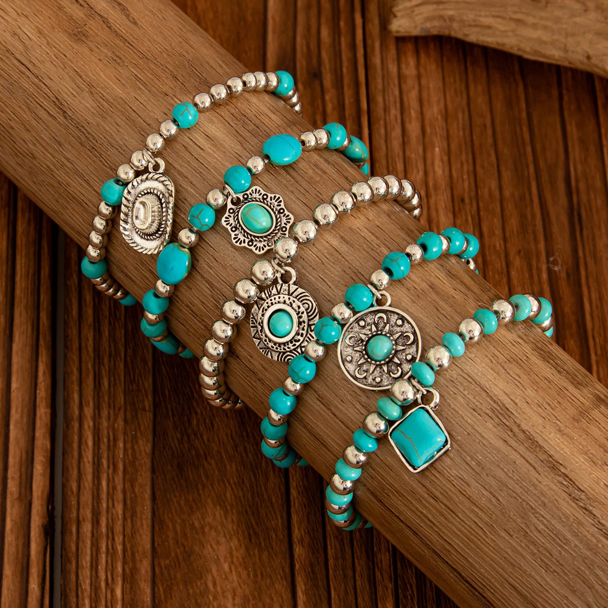 Boho Layered Turquoise Inlaid Flower Round Disk Charm Ball chain Bracelet Set - ArtGalleryZen