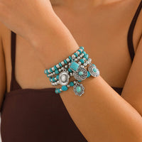Thumbnail for Boho Layered Turquoise Inlaid Flower Round Disk Charm Ball chain Bracelet Set - ArtGalleryZen