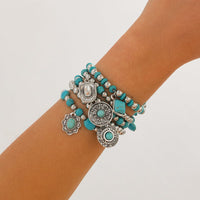 Thumbnail for Boho Layered Turquoise Inlaid Flower Round Disk Charm Ball chain Bracelet Set - ArtGalleryZen