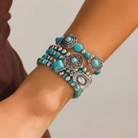 Thumbnail for Boho Layered Turquoise Inlaid Flower Round Disk Charm Ball chain Bracelet Set - ArtGalleryZen