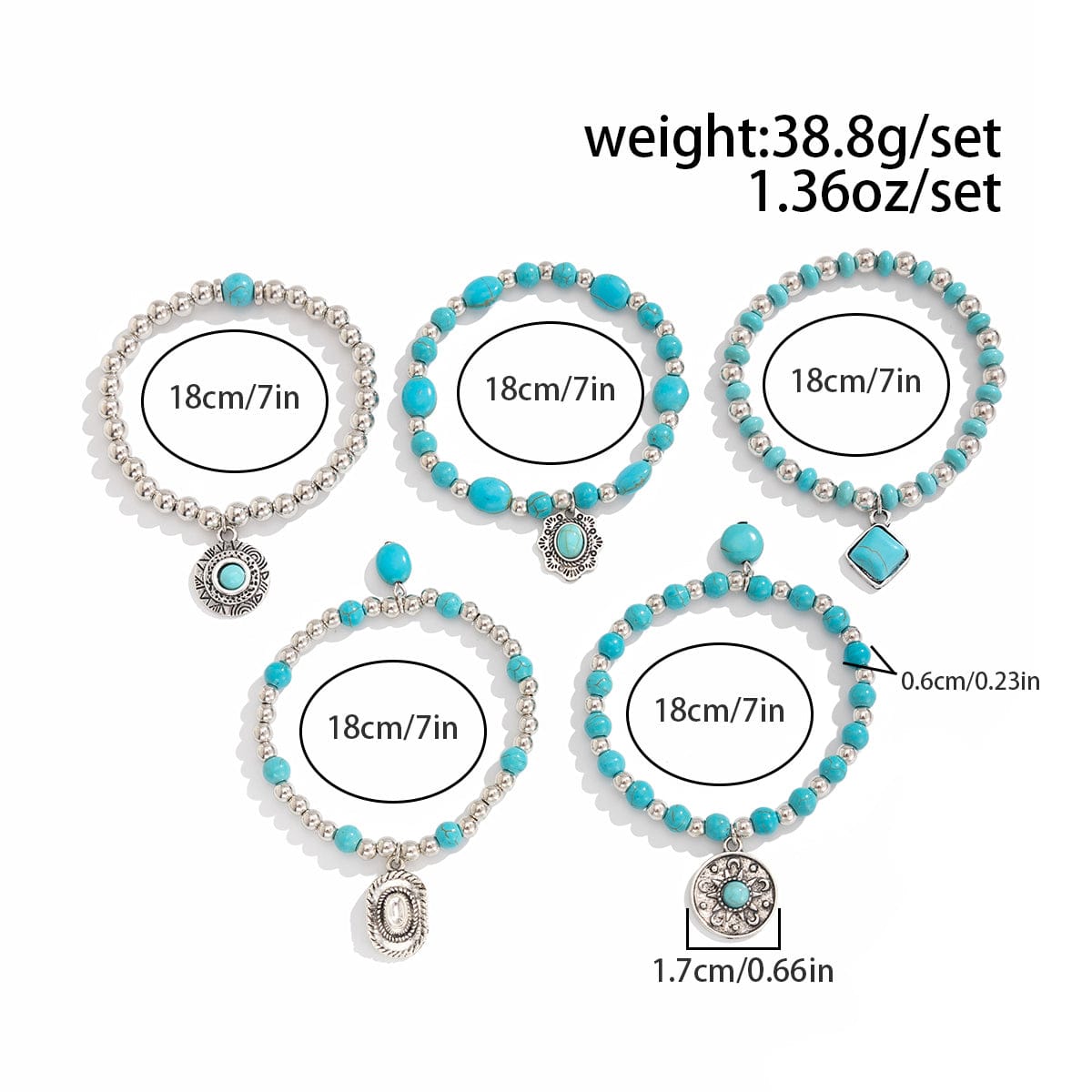 Boho Layered Turquoise Inlaid Flower Round Disk Charm Ball chain Bracelet Set - ArtGalleryZen