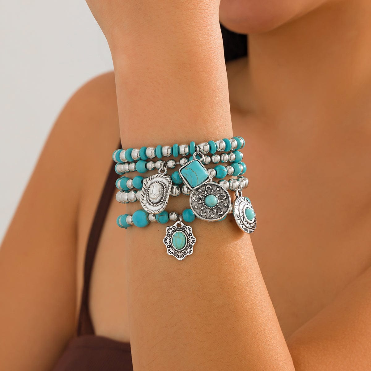 Boho Layered Turquoise Inlaid Flower Round Disk Charm Ball chain Bracelet Set