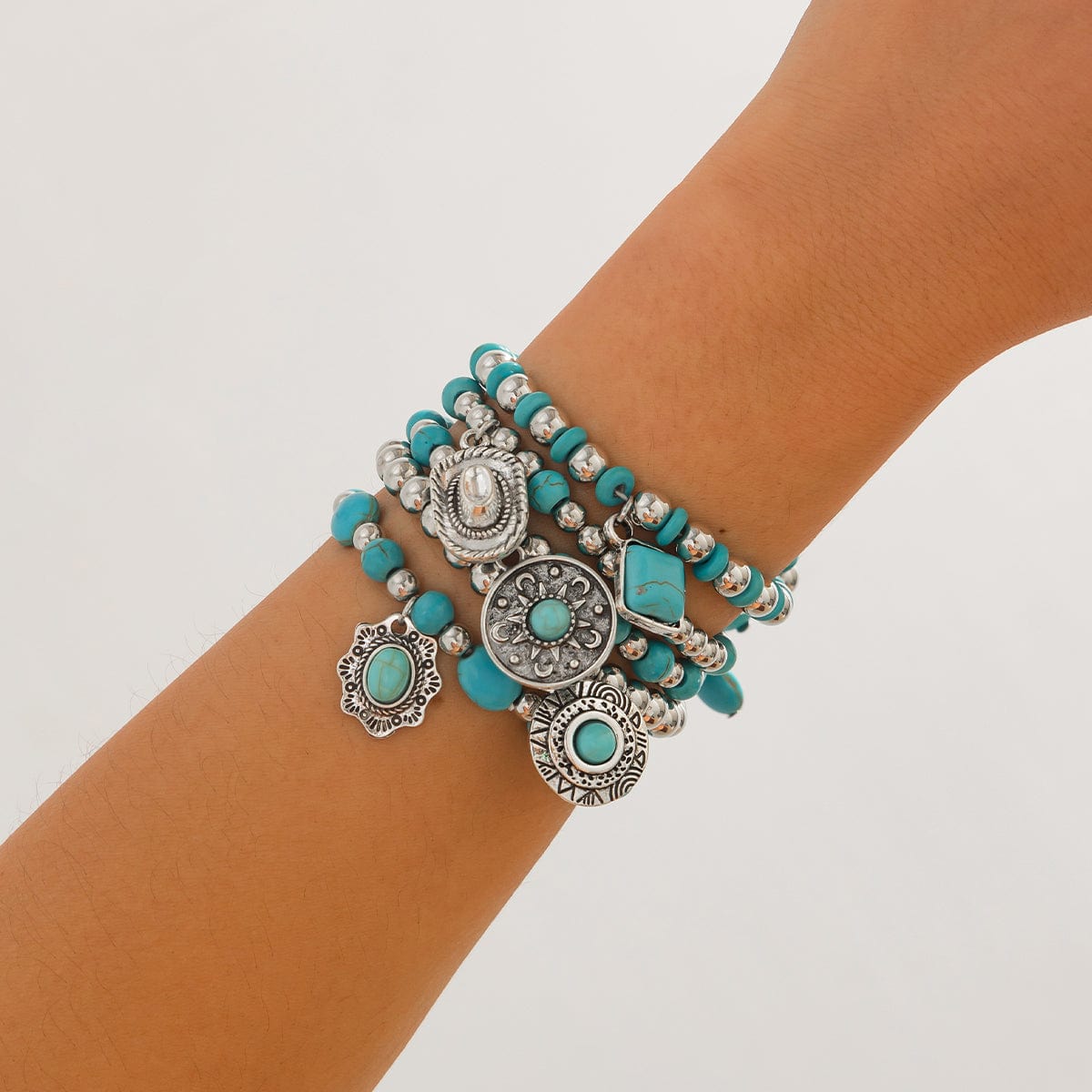 Boho Layered Turquoise Inlaid Flower Round Disk Charm Ball chain Bracelet Set