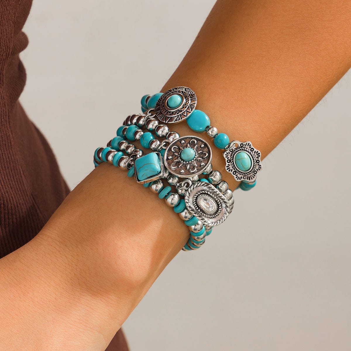 Boho Layered Turquoise Inlaid Flower Round Disk Charm Ball chain Bracelet Set