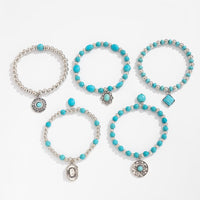 Thumbnail for Boho Layered Turquoise Inlaid Flower Round Disk Charm Ball chain Bracelet Set