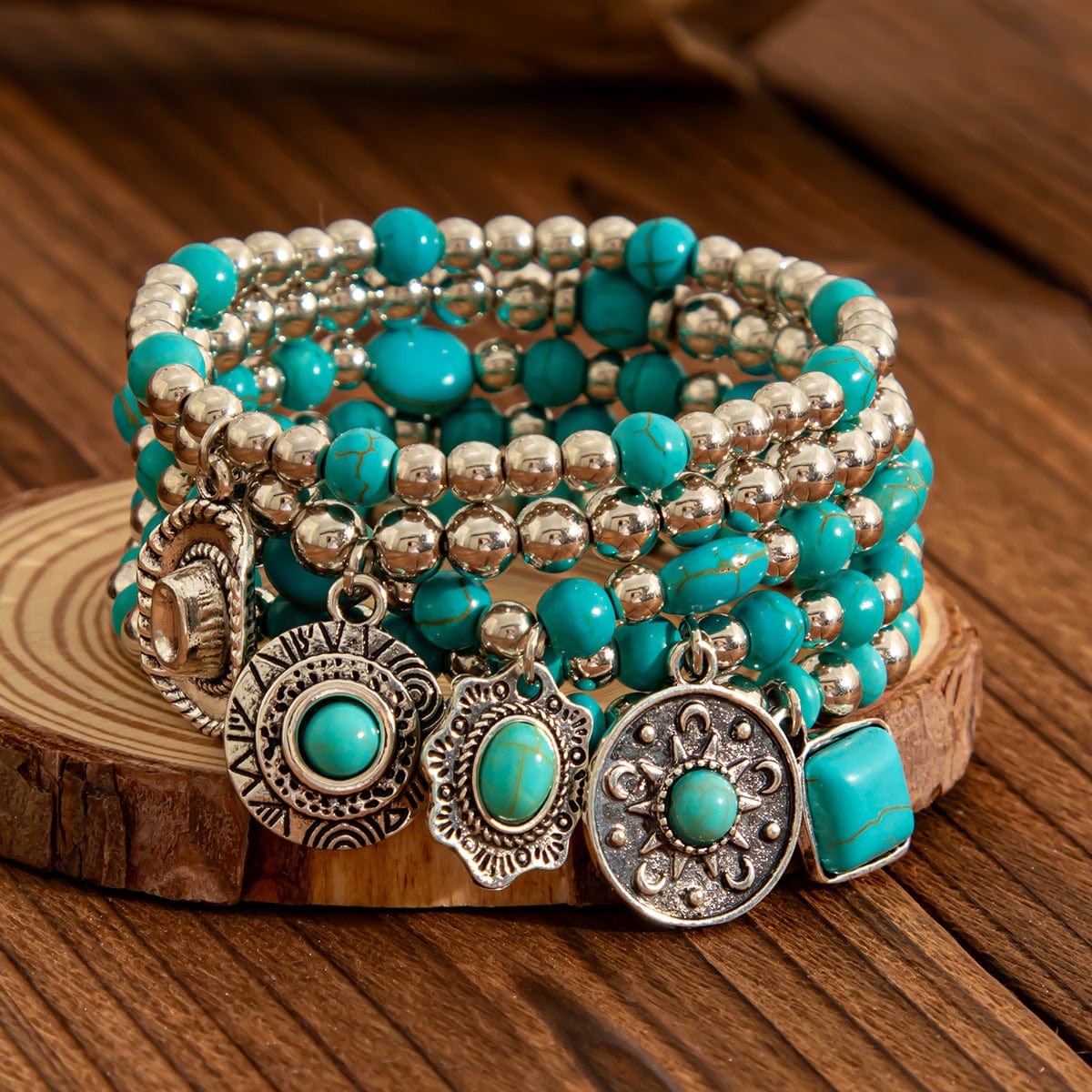 Boho Layered Turquoise Inlaid Flower Round Disk Charm Ball chain Bracelet Set