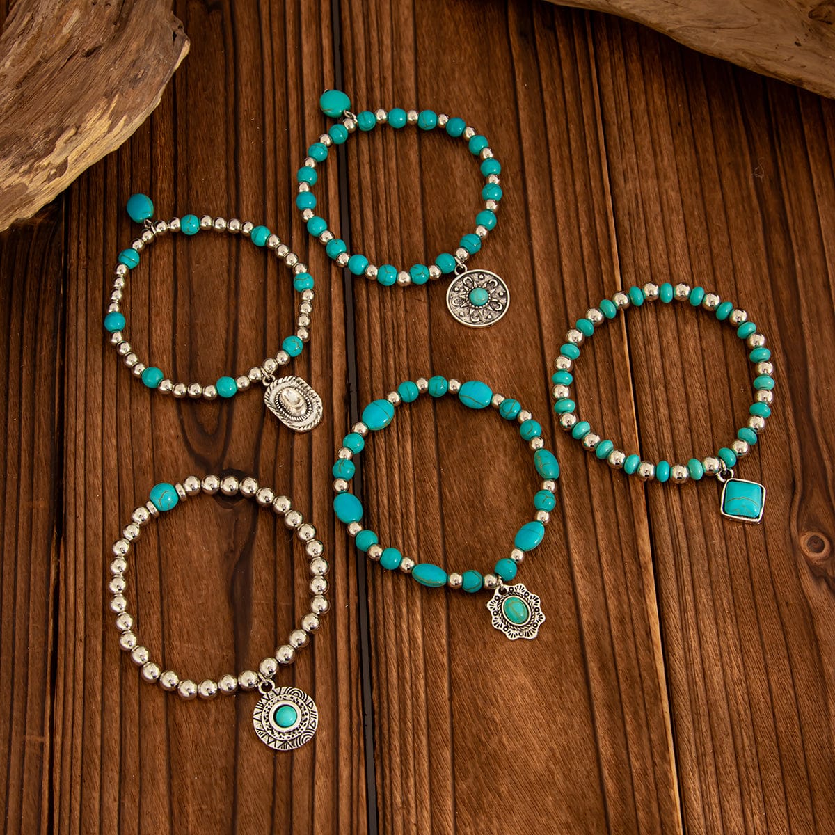 Boho Layered Turquoise Inlaid Flower Round Disk Charm Ball chain Bracelet Set