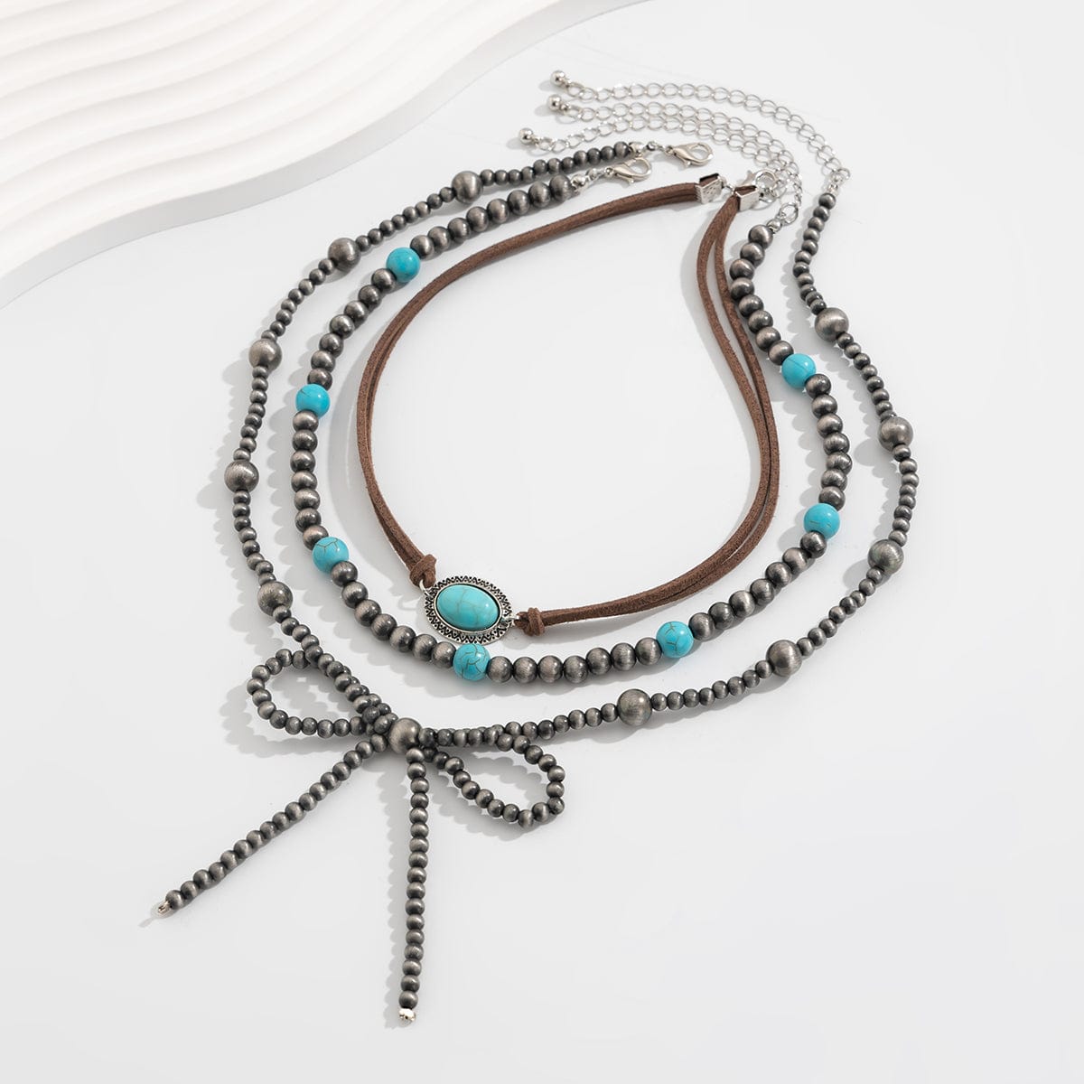 Boho Layered Turquoise Oval Charm Beaded Bowknot Velvet Necklace Set - ArtGalleryZen