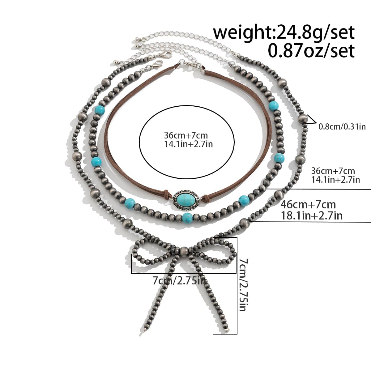 Boho Layered Turquoise Oval Charm Beaded Bowknot Velvet Necklace Set - ArtGalleryZen