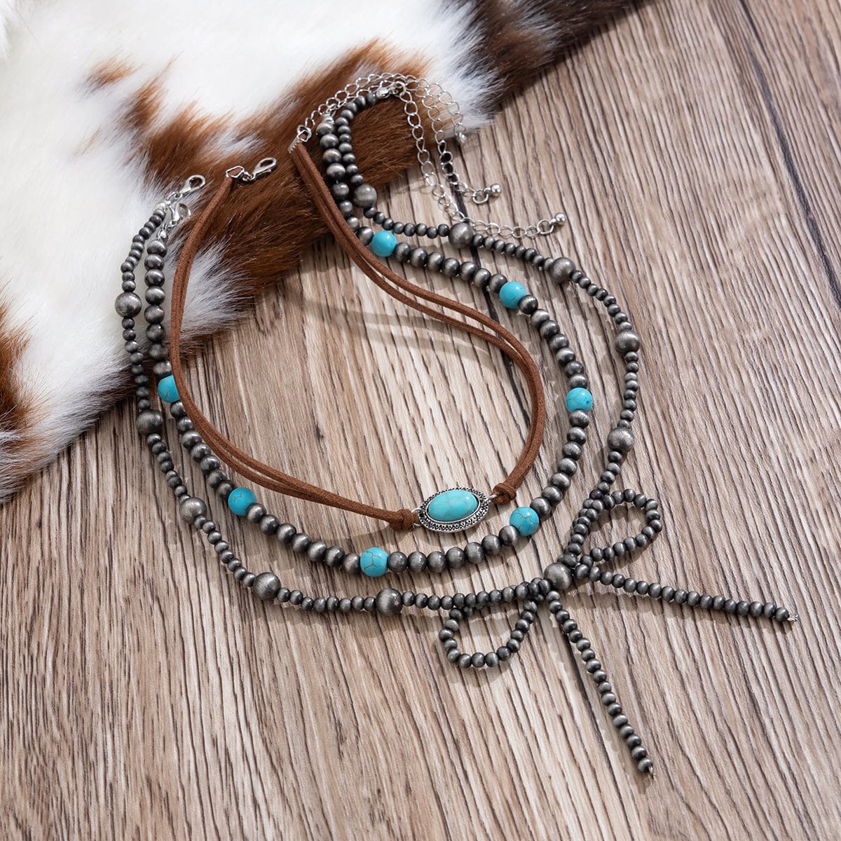 Boho Layered Turquoise Oval Charm Beaded Bowknot Velvet Necklace Set - ArtGalleryZen