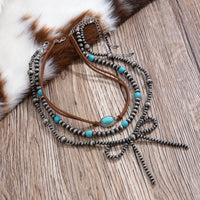 Thumbnail for Boho Layered Turquoise Oval Charm Beaded Bowknot Velvet Necklace Set - ArtGalleryZen