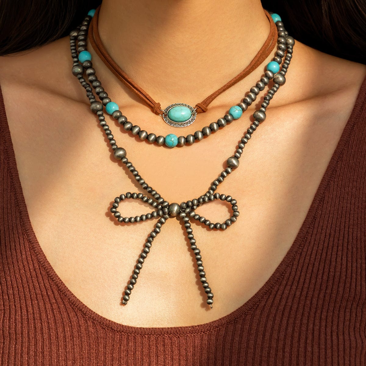 Boho Layered Turquoise Oval Charm Beaded Bowknot Velvet Necklace Set - ArtGalleryZen