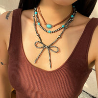 Thumbnail for Boho Layered Turquoise Oval Charm Beaded Bowknot Velvet Necklace Set - ArtGalleryZen