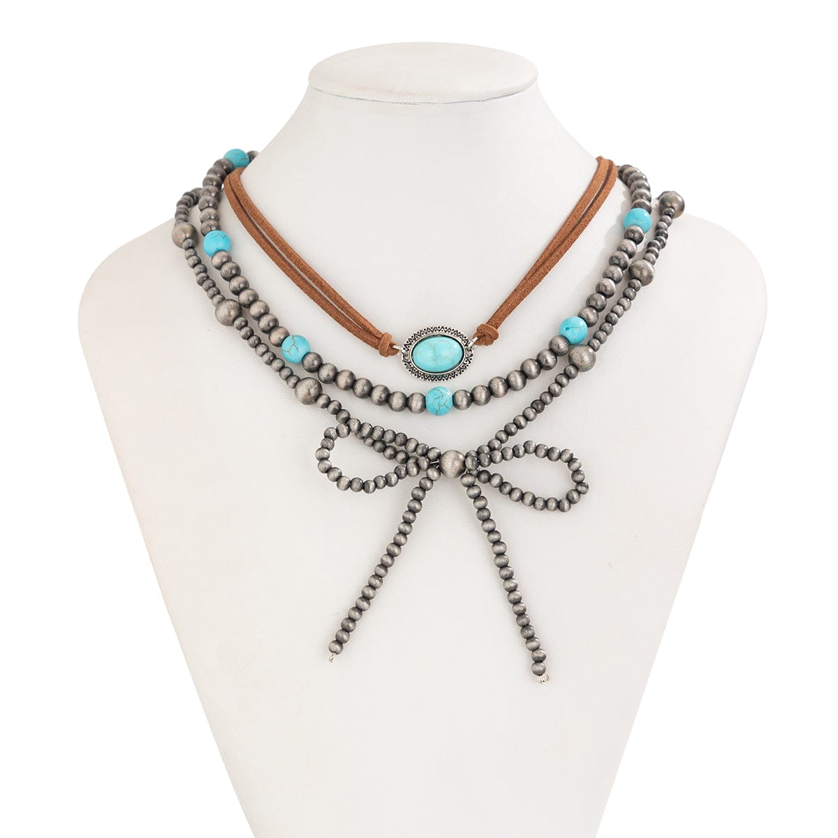 Boho Layered Turquoise Oval Charm Beaded Bowknot Velvet Necklace Set - ArtGalleryZen