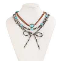 Thumbnail for Boho Layered Turquoise Oval Charm Beaded Bowknot Velvet Necklace Set - ArtGalleryZen