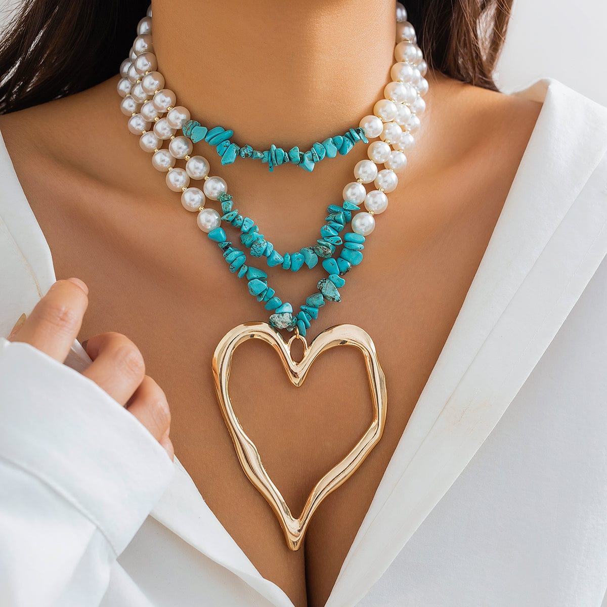 Boho Layered Turquoise Pearl Chain Heart Pendant Choker Necklace - ArtGalleryZen