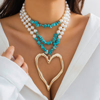 Thumbnail for Boho Layered Turquoise Pearl Chain Heart Pendant Choker Necklace - ArtGalleryZen