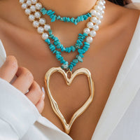 Thumbnail for Boho Layered Turquoise Pearl Chain Heart Pendant Choker Necklace - ArtGalleryZen