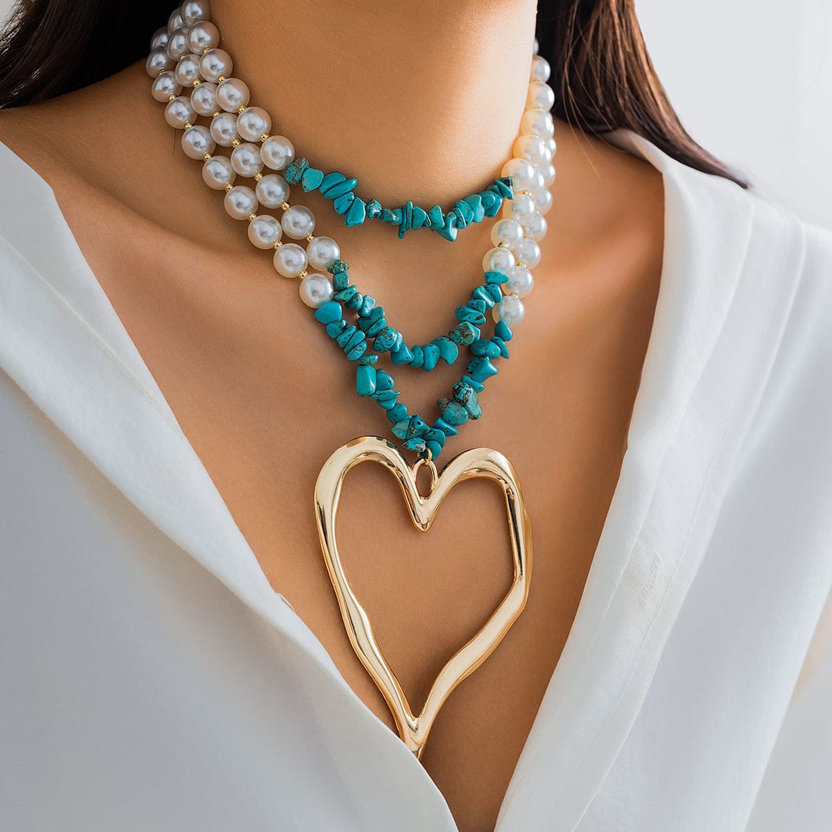 Boho Layered Turquoise Pearl Chain Heart Pendant Choker Necklace - ArtGalleryZen