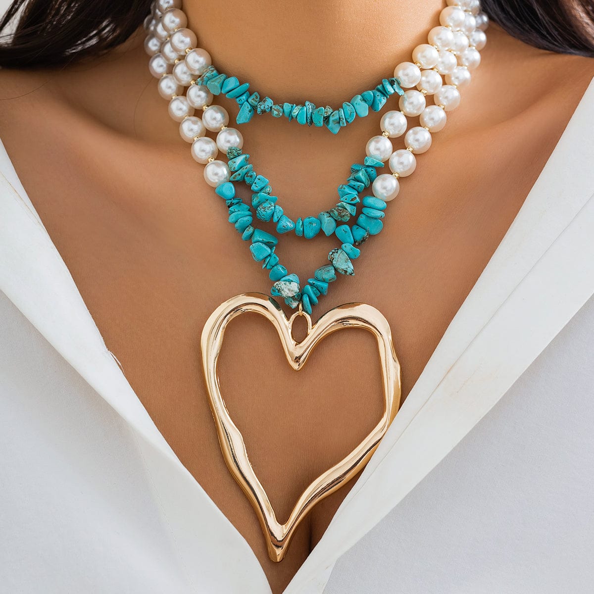 Boho Layered Turquoise Pearl Chain Heart Pendant Choker Necklace - ArtGalleryZen