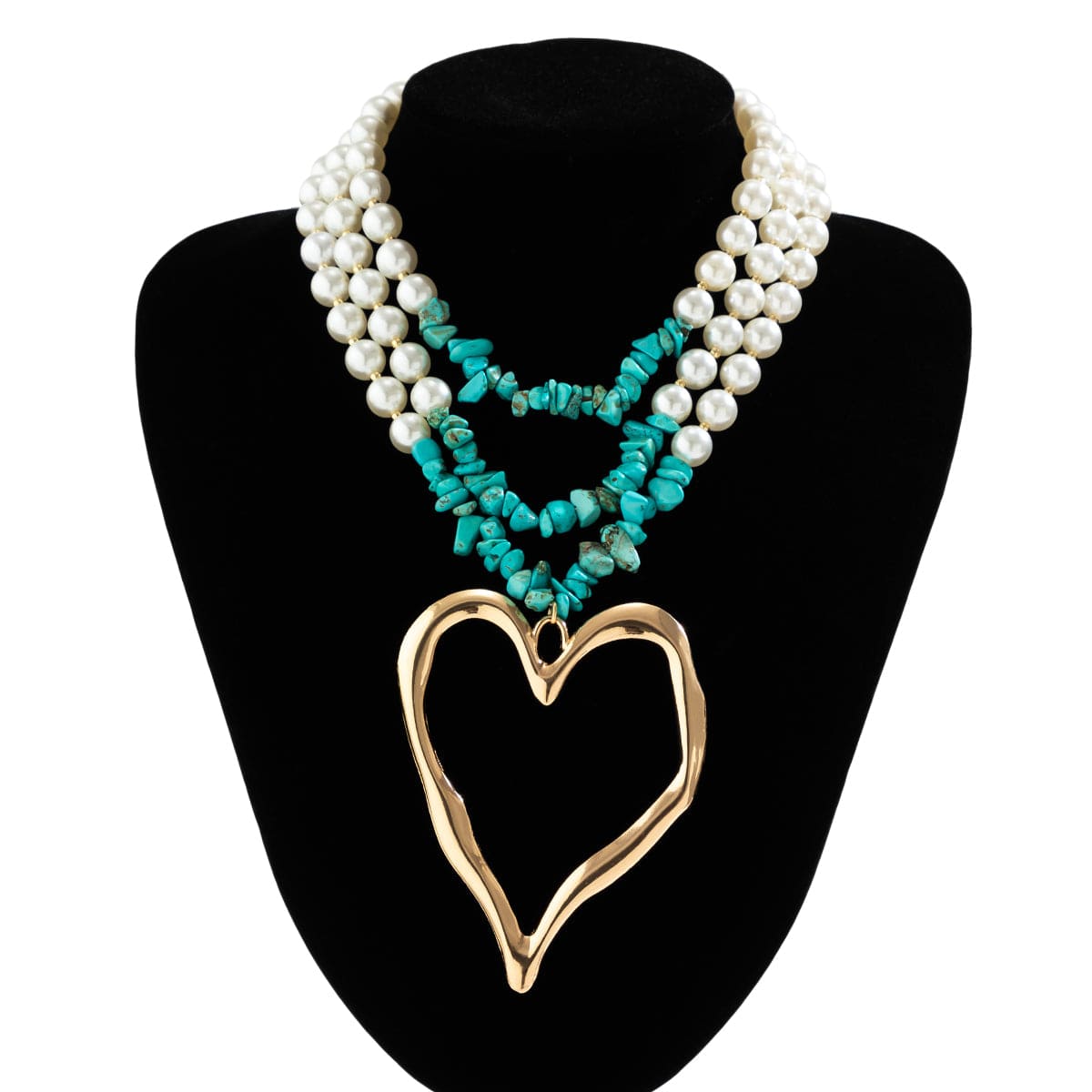 Boho Layered Turquoise Pearl Chain Heart Pendant Choker Necklace - ArtGalleryZen