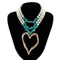 Thumbnail for Boho Layered Turquoise Pearl Chain Heart Pendant Choker Necklace - ArtGalleryZen