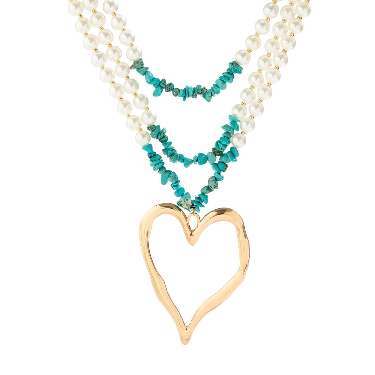 Boho Layered Turquoise Pearl Chain Heart Pendant Choker Necklace - ArtGalleryZen