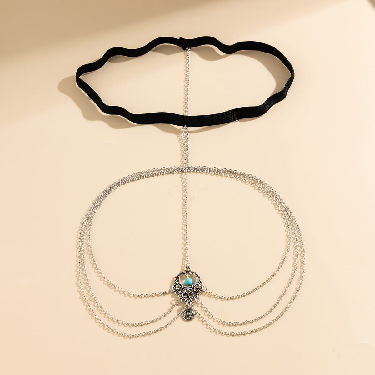 Boho Layered Turquoise Relief Pattern Charm Elastic Thigh Leg Chain - ArtGalleryZen