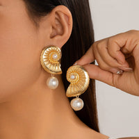 Thumbnail for Boho Metallic Conch Shaped Pearl Dangle Earrings