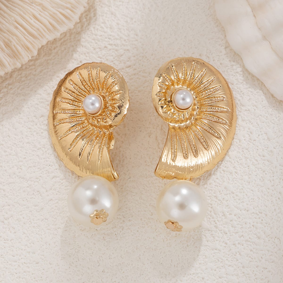 Boho Metallic Conch Shaped Pearl Dangle Earrings