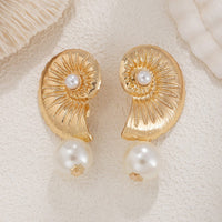 Thumbnail for Boho Metallic Conch Shaped Pearl Dangle Earrings