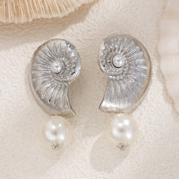 Thumbnail for Boho Metallic Conch Shaped Pearl Dangle Earrings