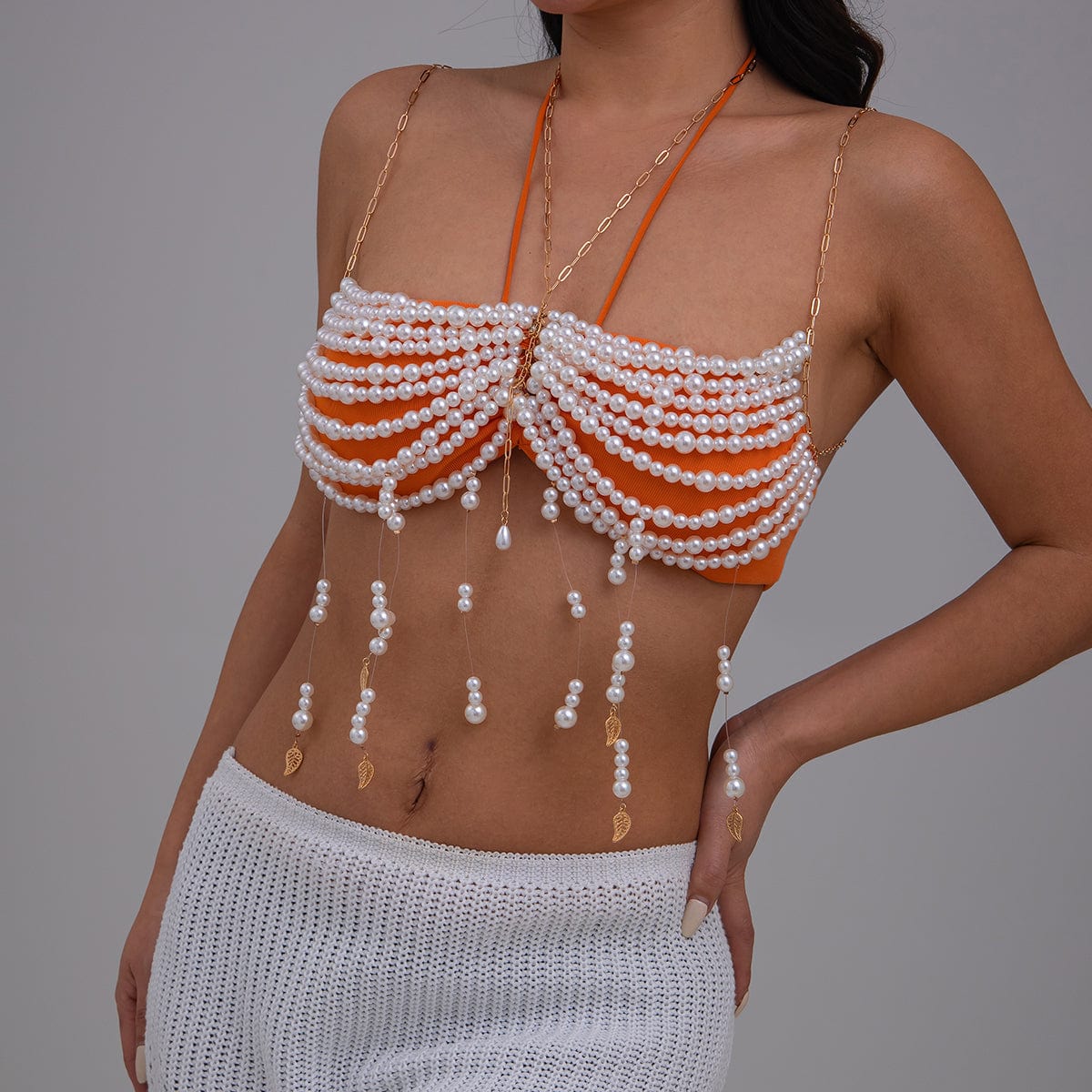 Boho Metallic Feather Tassel Pearl Beaded Lingerie Halter Top Backless Bra - ArtGalleryZen