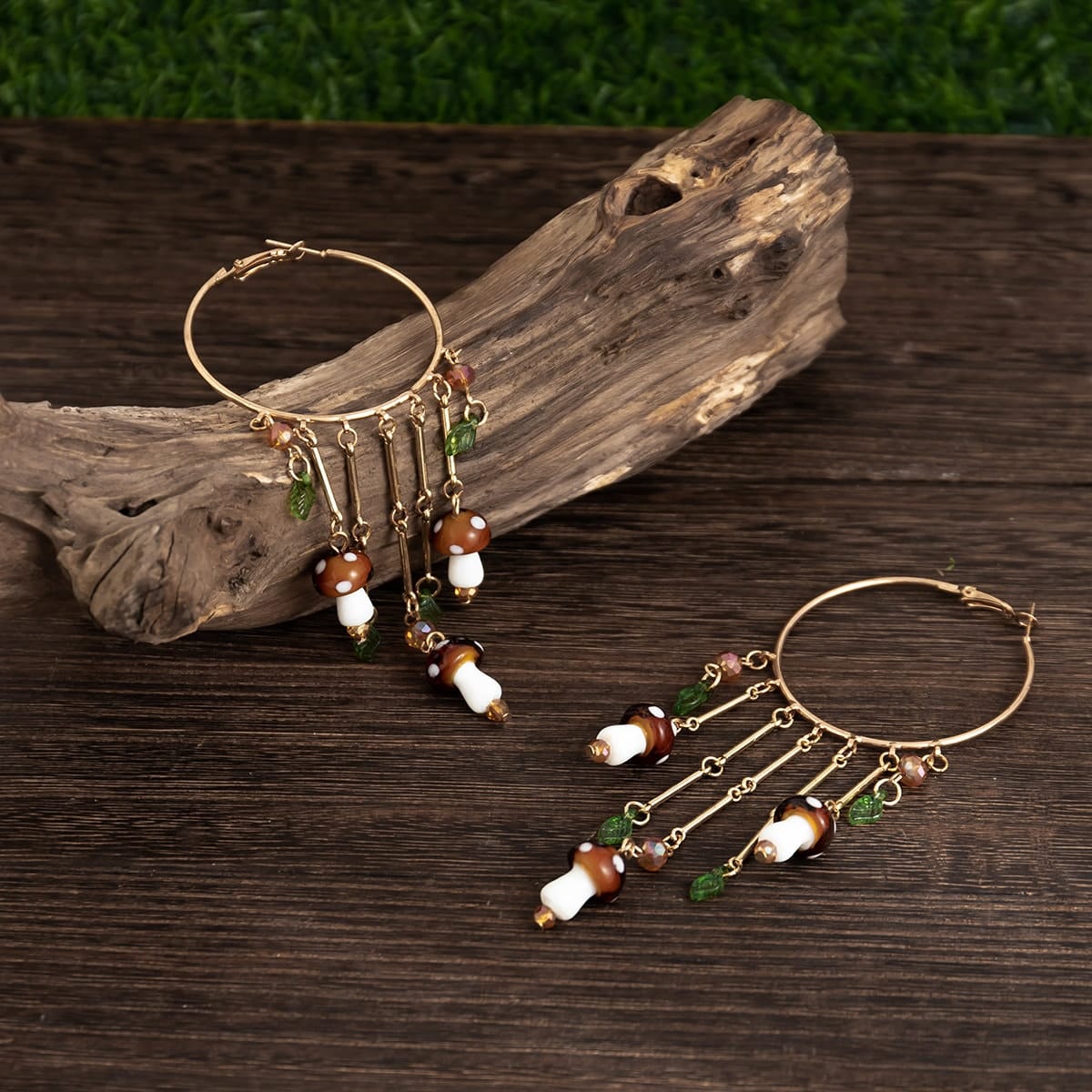 Boho Mushroom Tassel Dangle Hoop Earrings - ArtGalleryZen