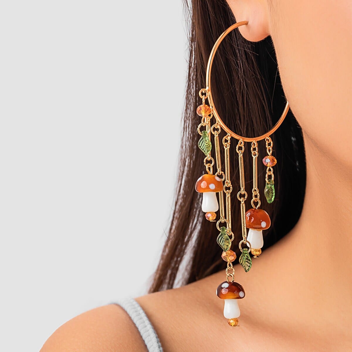Boho Mushroom Tassel Dangle Hoop Earrings - ArtGalleryZen