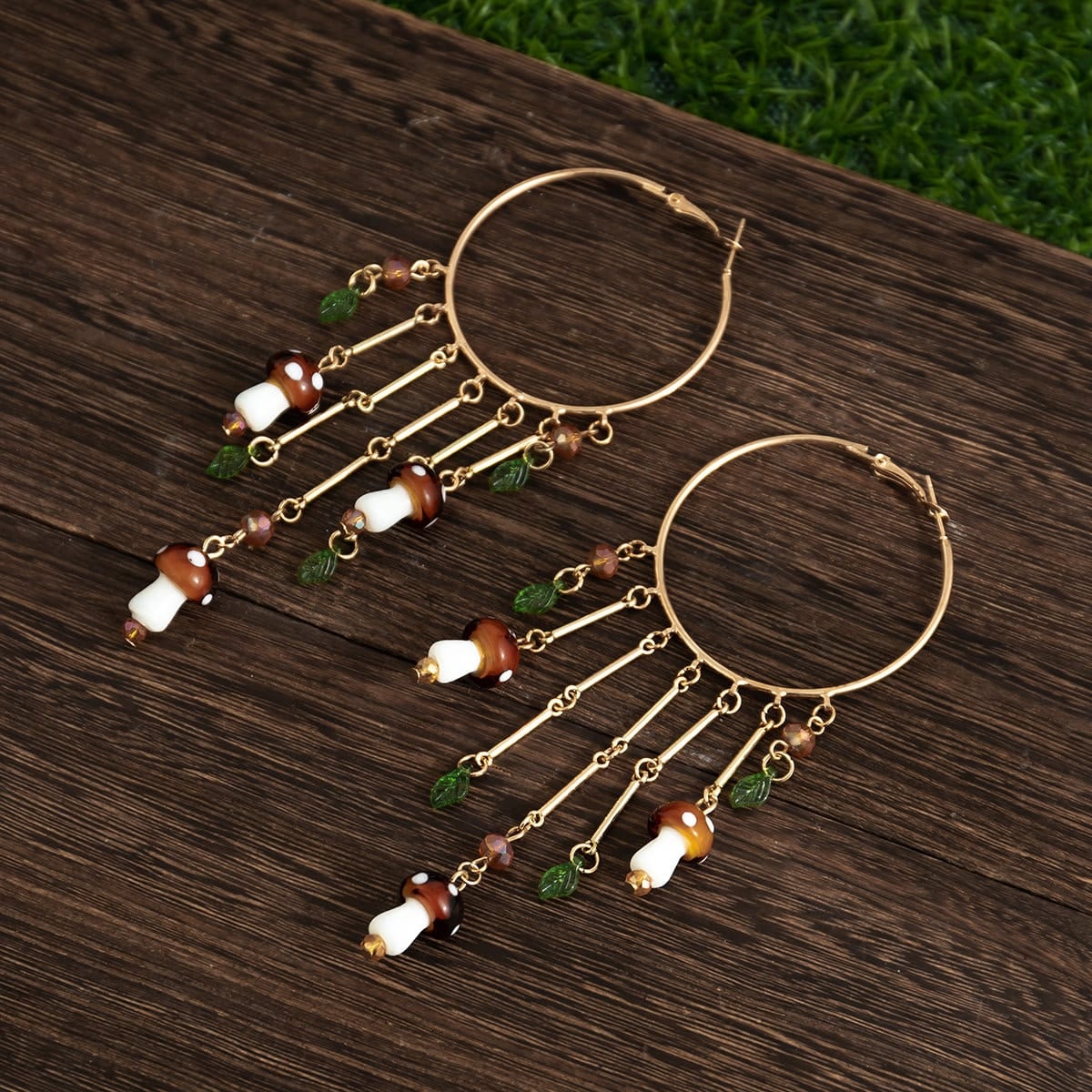 Boho Mushroom Tassel Dangle Hoop Earrings - ArtGalleryZen