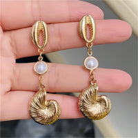 Thumbnail for Boho Pearl Charm Metallic Conch Shell Earrings - ArtGalleryZen