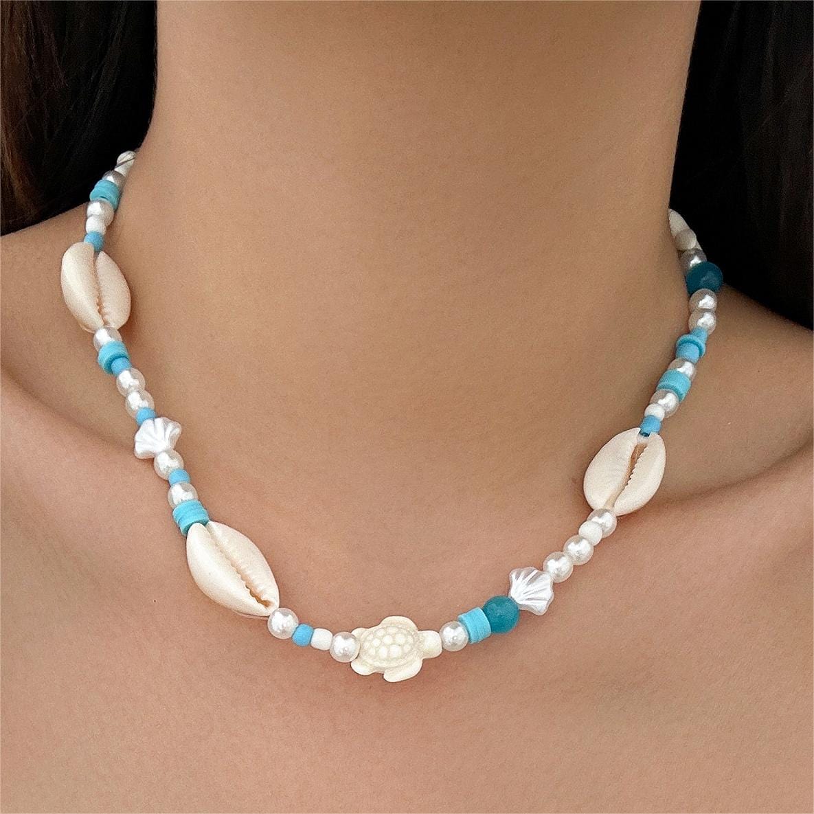 Boho Pearl Crystal Beaded Conch Turtle Necklace - ArtGalleryZen