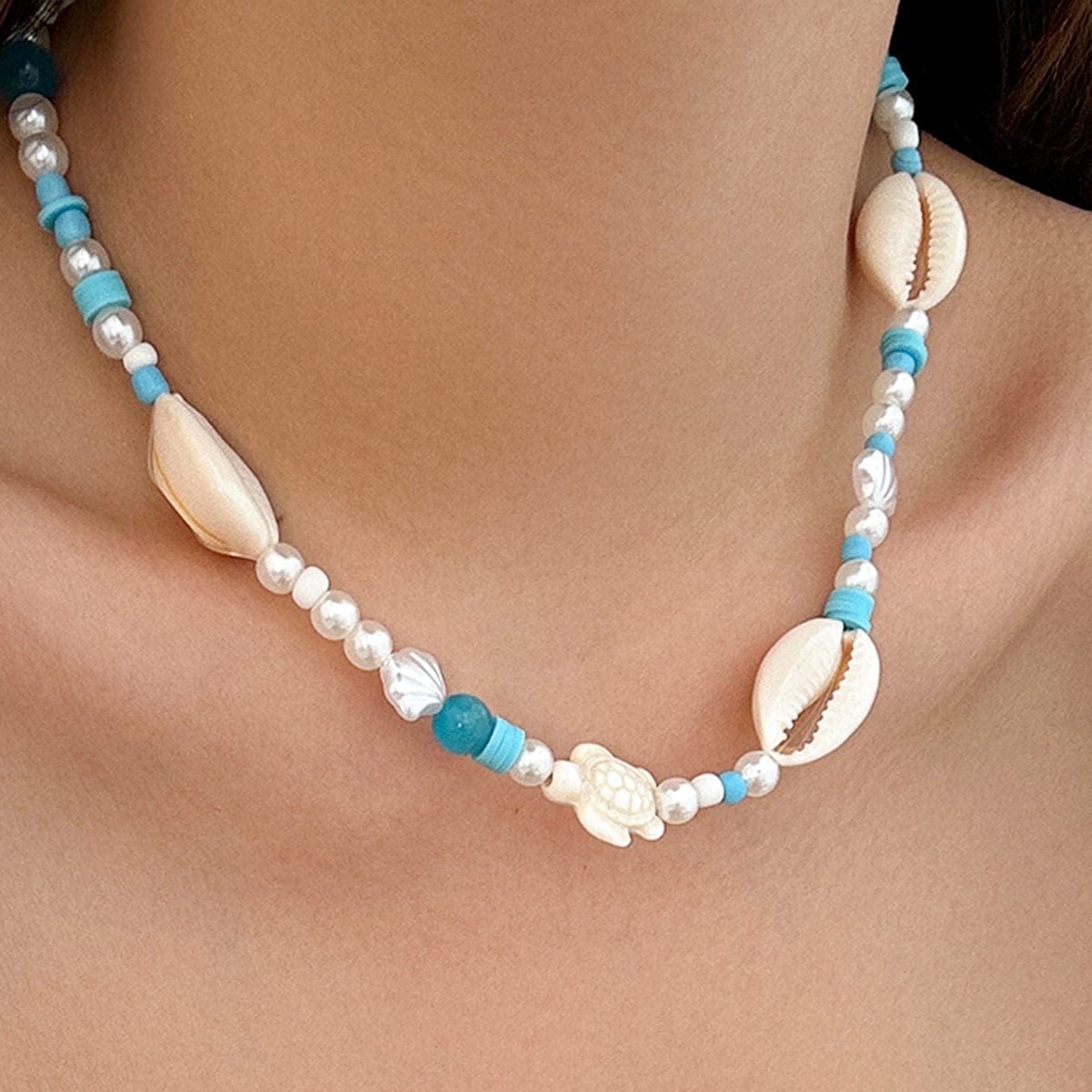 Boho Pearl Crystal Beaded Conch Turtle Necklace - ArtGalleryZen