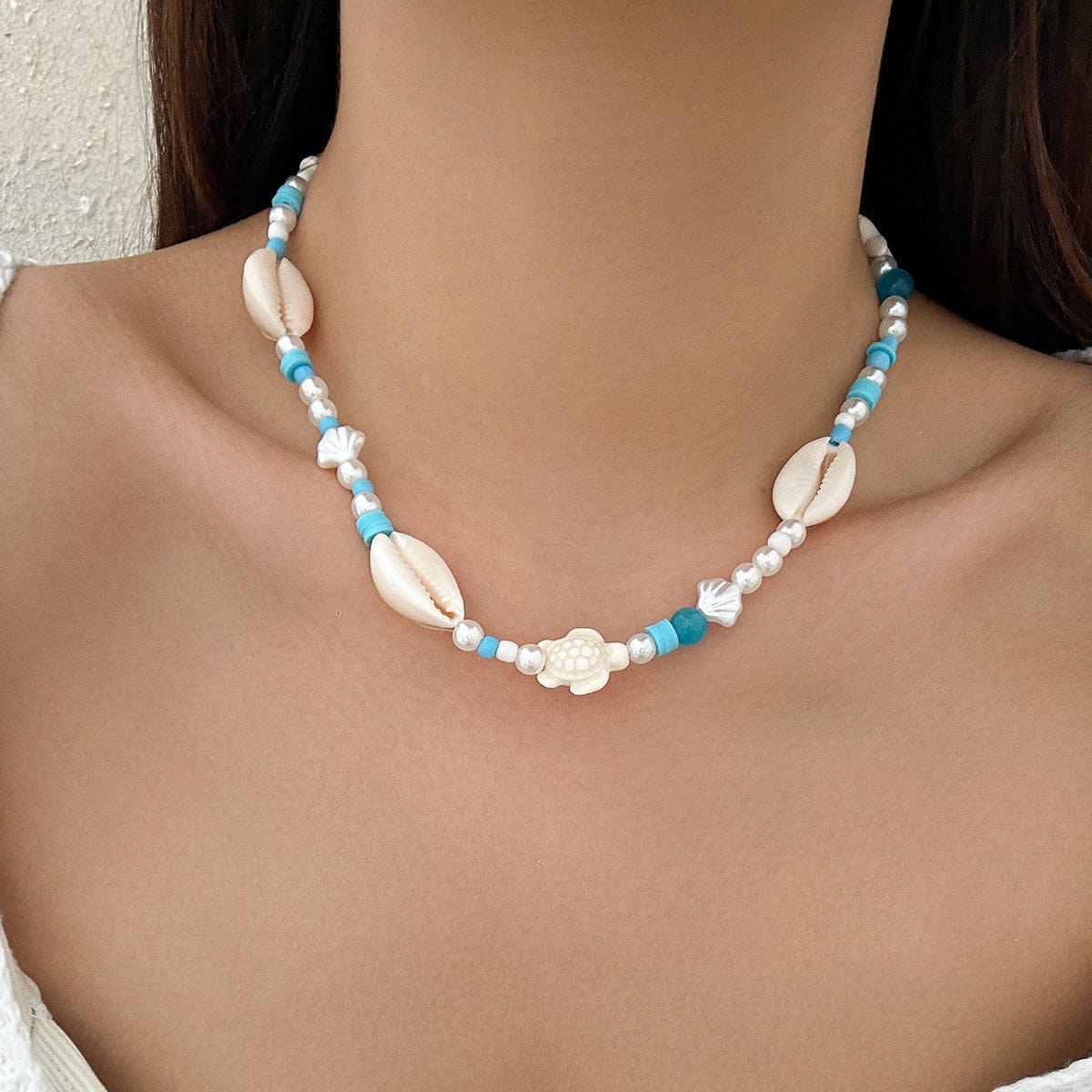 Boho Pearl Crystal Beaded Conch Turtle Necklace