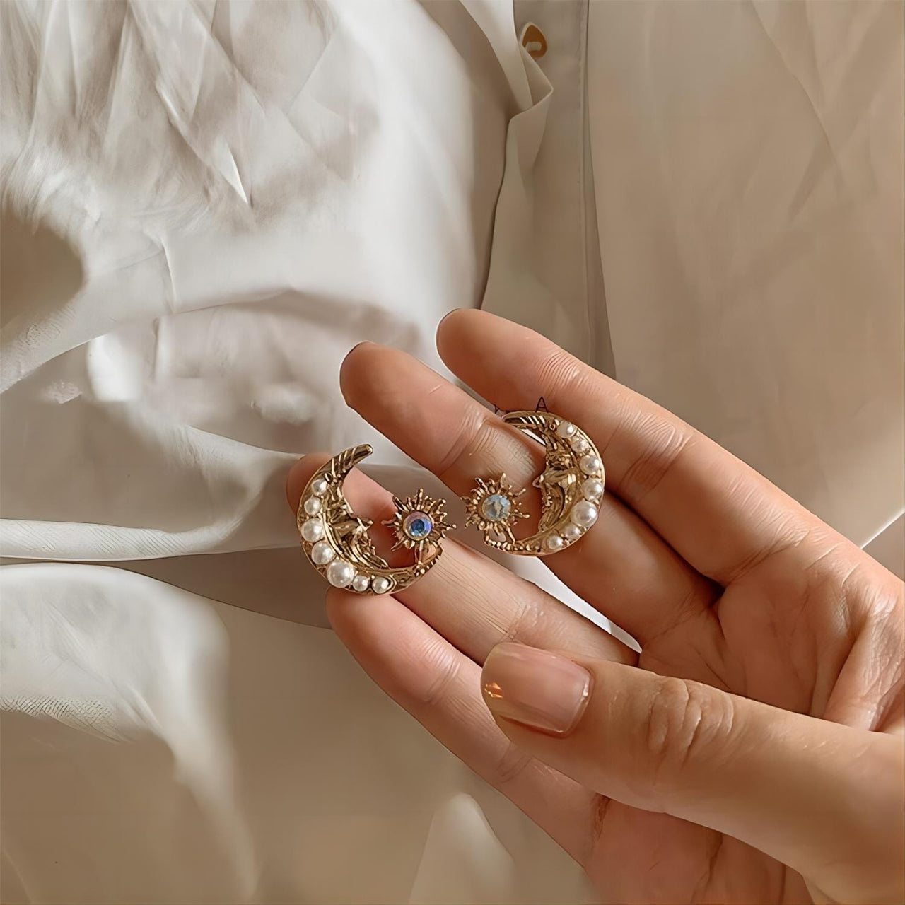 Boho Pearl Inlaid Moon Phase Star Dangle Earrings - ArtGalleryZen