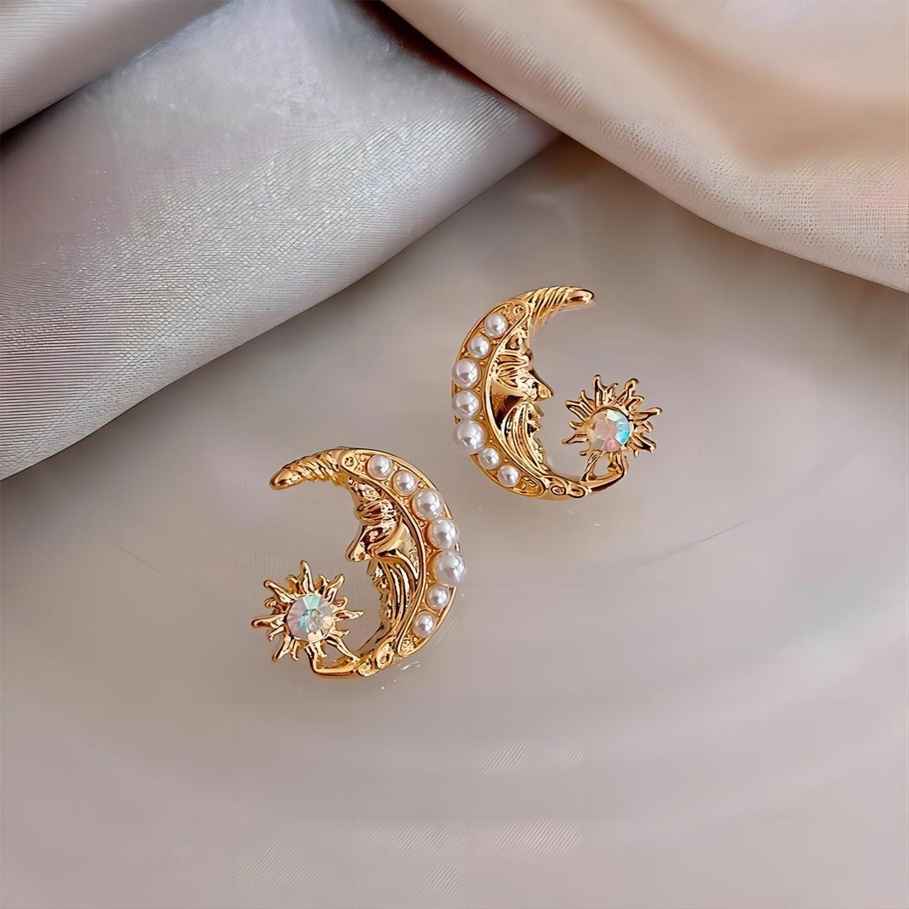 Boho Pearl Inlaid Moon Phase Star Dangle Earrings - ArtGalleryZen