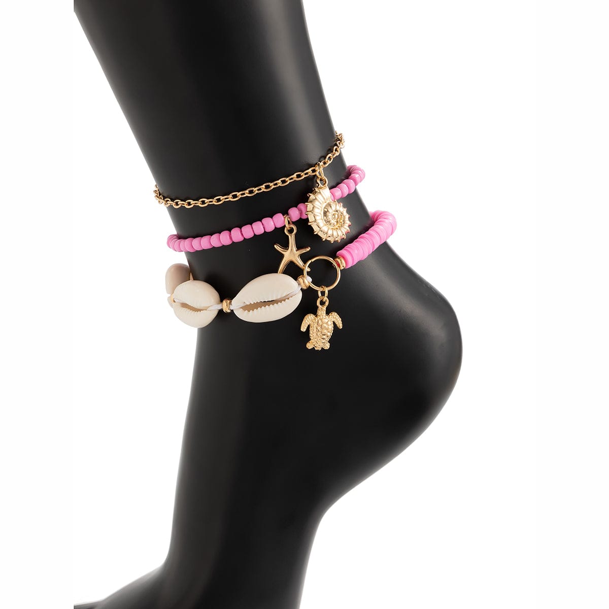 Boho Pink 3Pcs Conch Starfish Turtle Charm Seed Bead Anklet Set - ArtGalleryZen