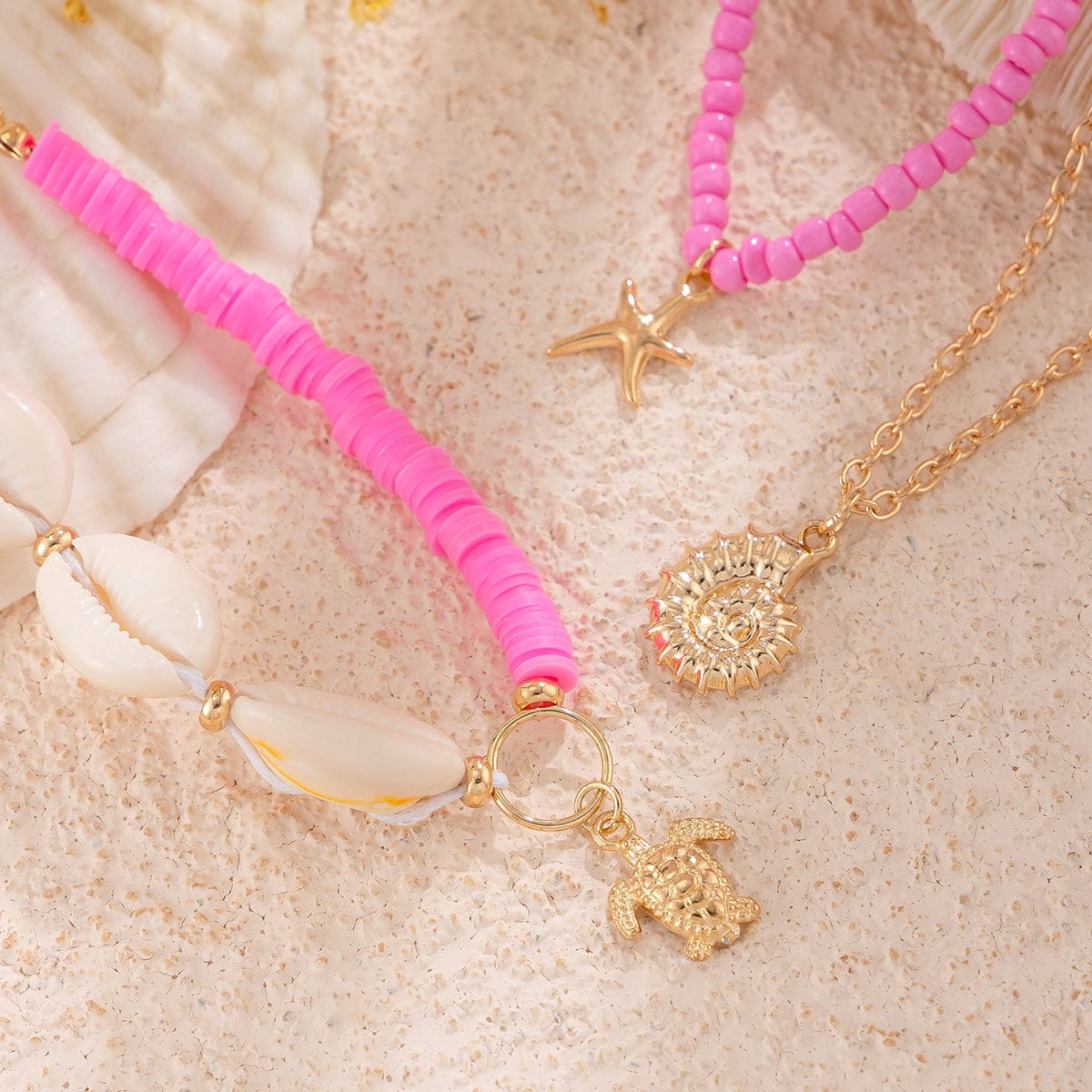 Boho Pink 3Pcs Conch Starfish Turtle Charm Seed Bead Anklet Set - ArtGalleryZen