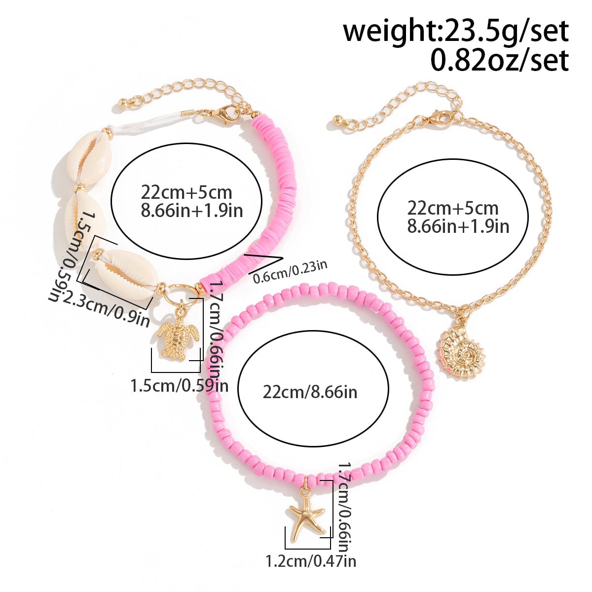 Boho Pink 3Pcs Conch Starfish Turtle Charm Seed Bead Anklet Set - ArtGalleryZen