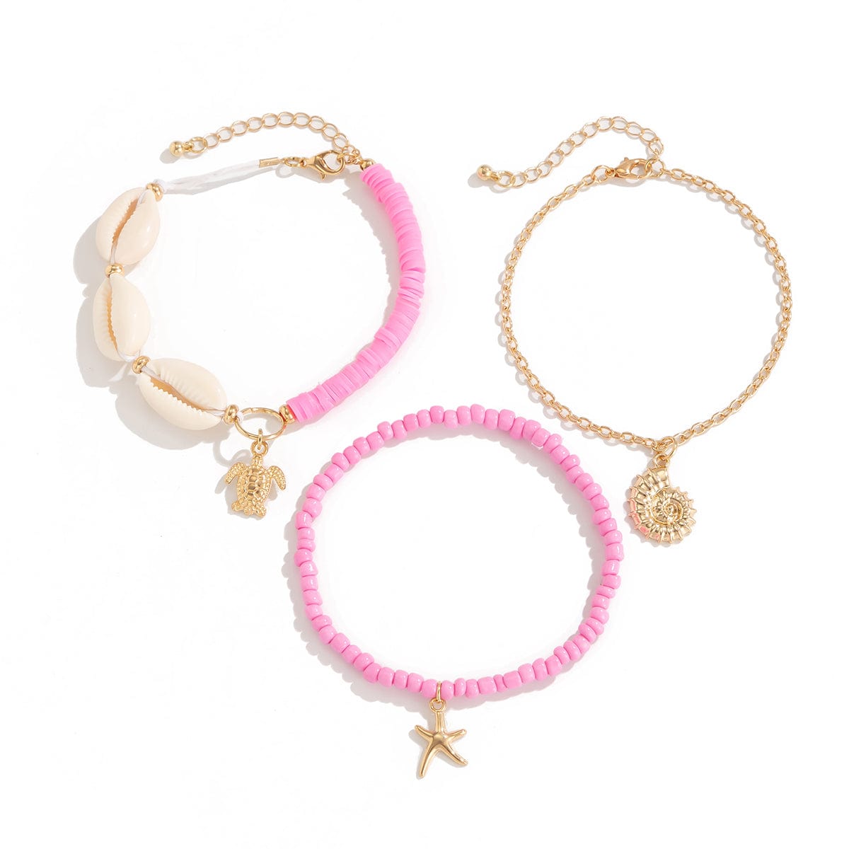 Boho Pink 3Pcs Conch Starfish Turtle Charm Seed Bead Anklet Set